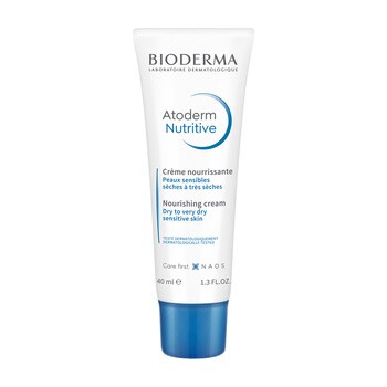 Tube von Bioderma Atoderm Nutritive, 40 ml, nährende Creme für trockene, sehr trockene und geschwächte Haut. Verpackung in weiß mit blauen Akzenten