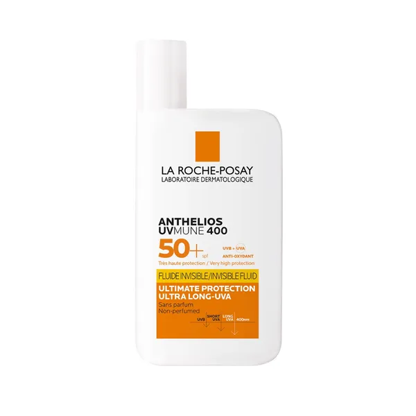 Flakon von La Roche-Posay Anthelios UVMune 400 Unsichtbares Fluid SPF 50+, 50 ml. Höchster Sonnenschutz für empfindliche Haut, unsichtbar und wasserfest