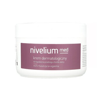 Eine Tube der dermatologischen Creme Nivelium Med mit 250 ml Inhalt, zur Linderung des Verlaufs von Hauterkrankungen wie Ekzemen und Dermatitis. Das Produkt befindet sich in einer weißen Verpackung mit blauen und grünen grafischen Elementen