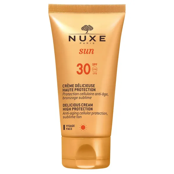 NUXE Sun Gesichtsschutzcreme SPF 30, 50 ml, enthält Blütenextrakte für anti-aging Schutz und langanhaltende Bräune. Leichte, nicht fettende Formel, ideal für normale Haut