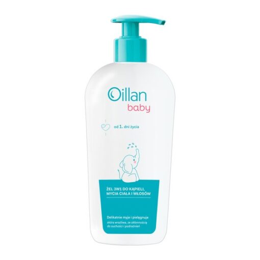Oillan Baby 3in1 Gel, 750 ml, zum Baden und Waschen von Körper und Haaren. Die große Flasche in Weiß und Blau ist ideal für empfindliche Babyhaut