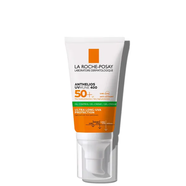 La Roche-Posay Anthelios UVMUNE 400 Oil Control Gel-Creme SPF50+, 50 ml – Sonnenschutz für fettige Haut. Diese Gel-Creme bietet hohen Breitbandschutz vor UVA- und UVB-Strahlen dank der innovativen UVMUNE 400-Technologie. Die nicht fettende, leichte Formel sorgt für eine matte Hautoberfläche, reguliert überschüssigen Talg und beugt Hautunreinheiten vor. Ideal für empfindliche und zu Akne neigende Hauttypen. Die Sonnencreme ist dermatologisch getestet, hypoallergen und wasserfest, ohne weiße Rückstände zu hinterlassen. Perfekt für den täglichen Gebrauch und als Schutz vor vorzeitiger Hautalterung.