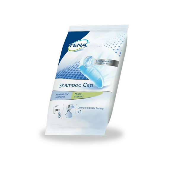 Tena Shampoo Cap, mit 2-in-1 Shampoo und Conditioner getränkt, für die Haarwäsche im Bett, ohne Ausspülen, 1 Stück.