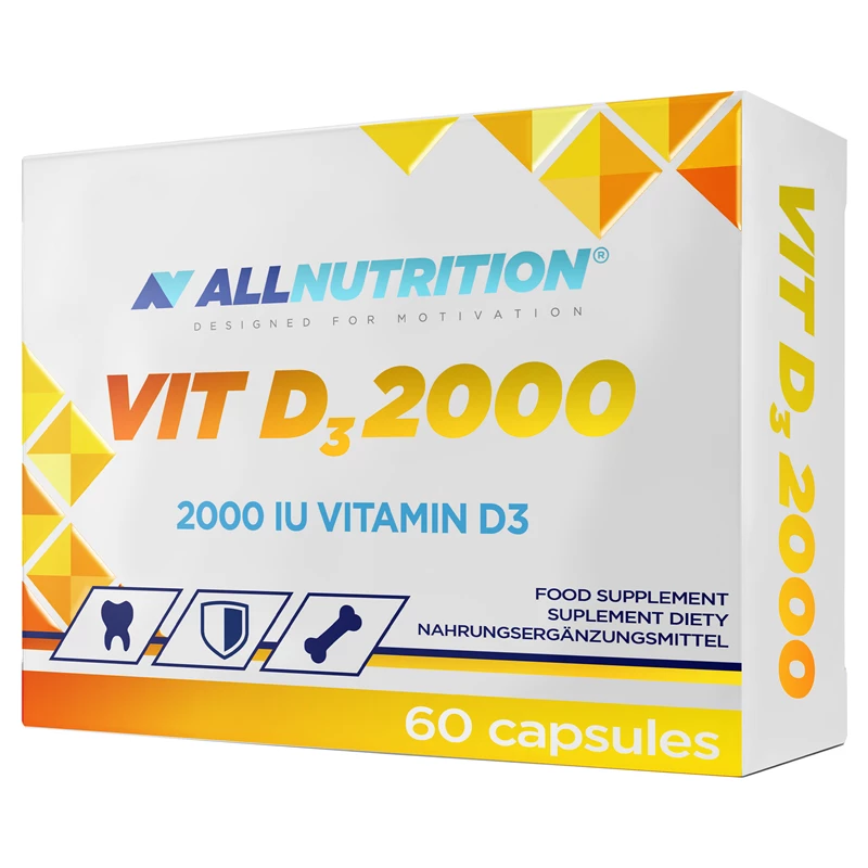 ALLNUTRITION Vitamin D3 2000 – Hochwertiges Nahrungsergänzungsmittel zur Unterstützung des Immunsystems und zur Förderung der Knochengesundheit. Die Verpackung zeigt die Dosenform mit einer ansprechenden Gestaltung, die die Vorteile von Vitamin D3 hervorhebt