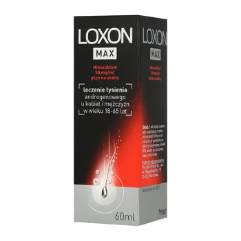 Loxon Max (Loxon 5%) - Flüssigkeit zur Anwendung auf der Kopfhaut zur Behandlung von androgenetischer Alopezie bei Männern. Verpackung mit 60 ml, enthält 50 mg/ml Minoxidil