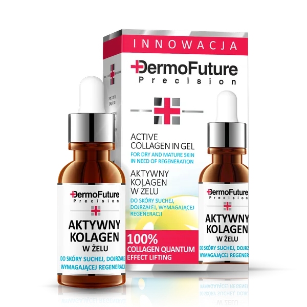Dermofuture aktives Kollagen-Gel in der Verpackung, ideal für die Pflege trockener und reifer Haut