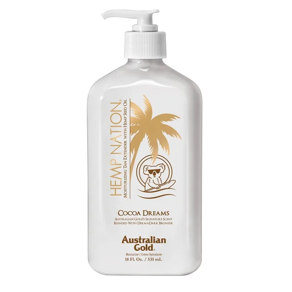 Australian Gold Hemp Nation Cocoa Dreams After-Sun-Lotion, 535 ml – feuchtigkeitsspendende Lotion mit Hanfextrakten und Kokosduft. Pflegt und beruhigt die Haut nach dem Sonnenbad, spendet intensive Feuchtigkeit und schützt vor Austrocknung. Ideal für alle Hauttypen.