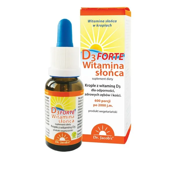Flasche mit Dr. Jacob's Vitamin D3 Forte, einem hochdosierten Nahrungsergänzungsmittel in Tropfenform, geeignet für Vegetarier