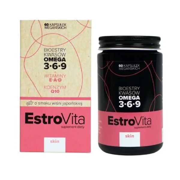 EstroVita Skin Sakura Kapseln in einer Flasche, die Omega-Fettsäuren und Vitamine für gesunde Haut bietet, vegan und tierversuchsfrei