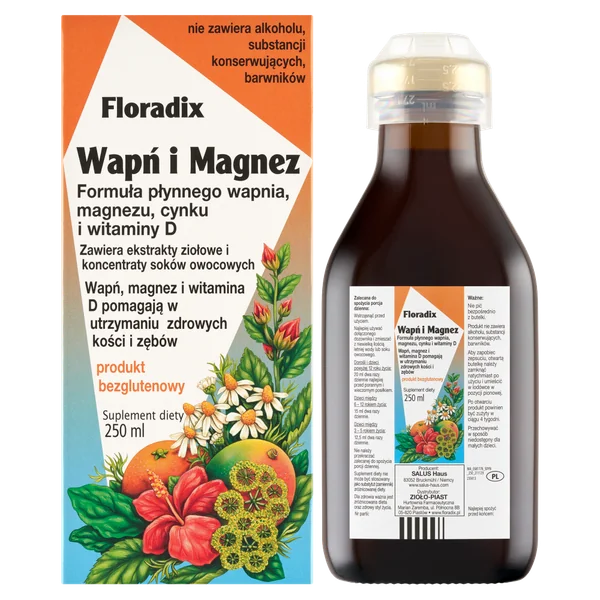 Floradix Calcium und Magnesium in einer Flasche mit frischen Früchten und Kräutern im Hintergrund