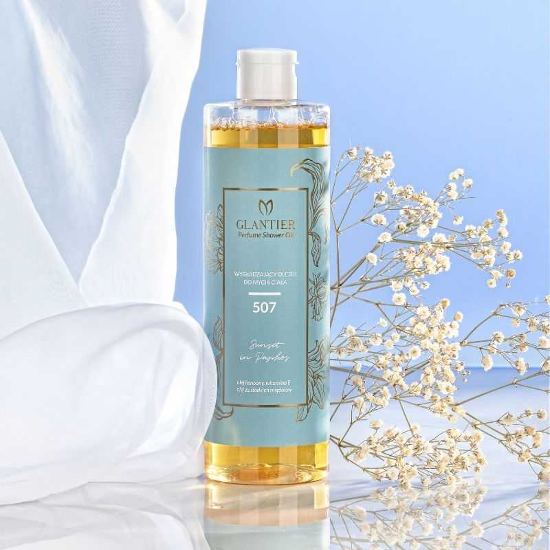 Glättendes Duschöl Glantier 507 in einer 400 ml Flasche, reich an natürlichen Inhaltsstoffen für eine seidig glatte Haut.