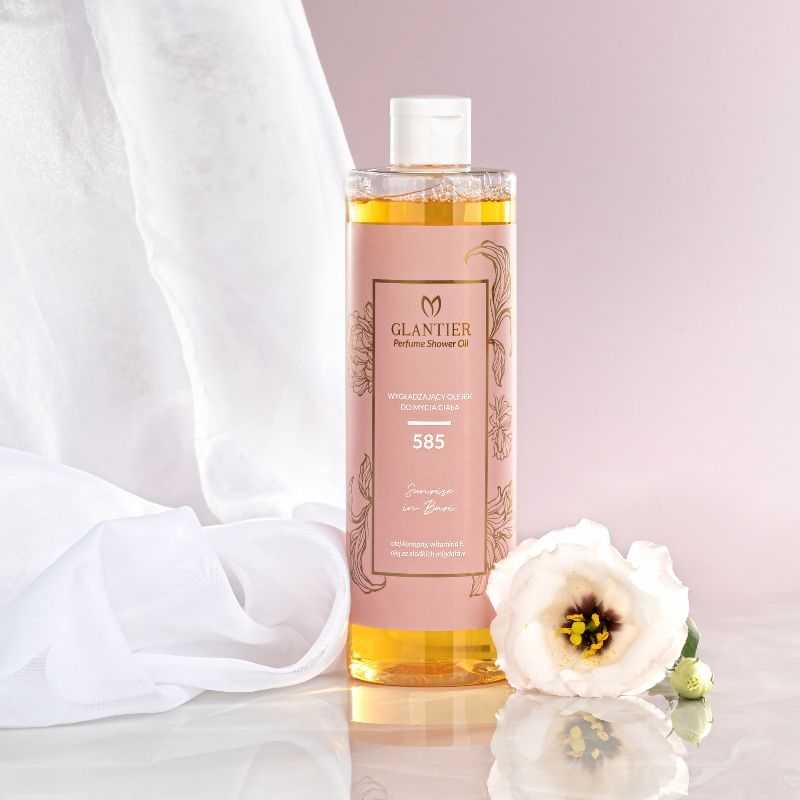 Glättendes Duschöl Glantier 585 in einer eleganten Flasche, ideal für eine luxuriöse Hautpflege mit floralen Düften und natürlichen Inhaltsstoffen.