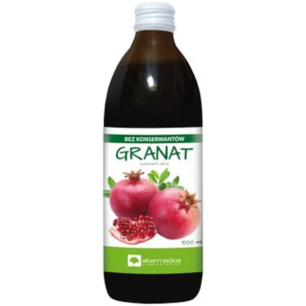 100% Granatapfelsaft in einer Flasche, umgeben von frischen Granatäpfeln und Vitamin C