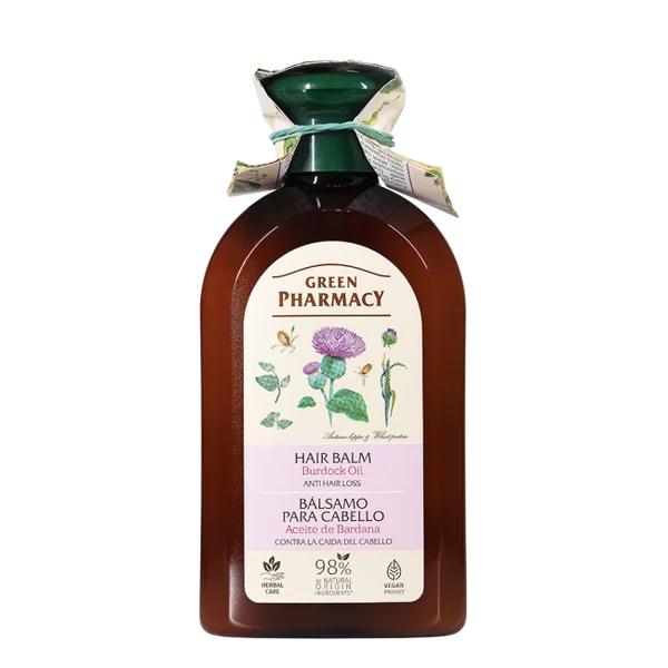 Green Pharmacy Balsam für geschwächtes Haar mit Klettenöl in einer 300 ml Verpackung, geeignet für die Pflege von Haaren mit Haarausfall