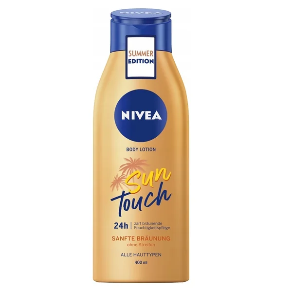 NIVEA Sun Touch Bräunungsbalsam für den Körper, 400 ml - Feuchtigkeitsspendende Formel für eine natürliche, langanhaltende Bräune, ideal für die Sommermonate. Dermatologisch getestet und für alle Hauttypen geeignet. Enthält pflegende Inhaltsstoffe, die die Haut schützen und geschmeidig halten.