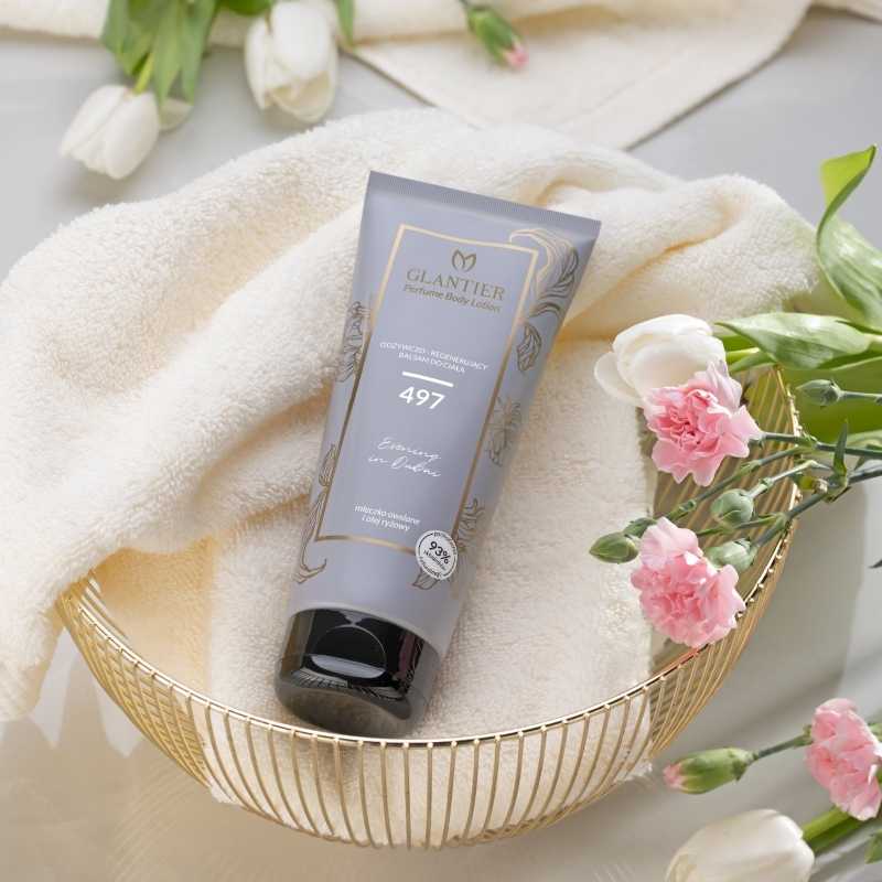 Nährender Körperbalsam 497 mit luxuriösem Duft und natürlichen Inhaltsstoffen in einer eleganten Verpackung