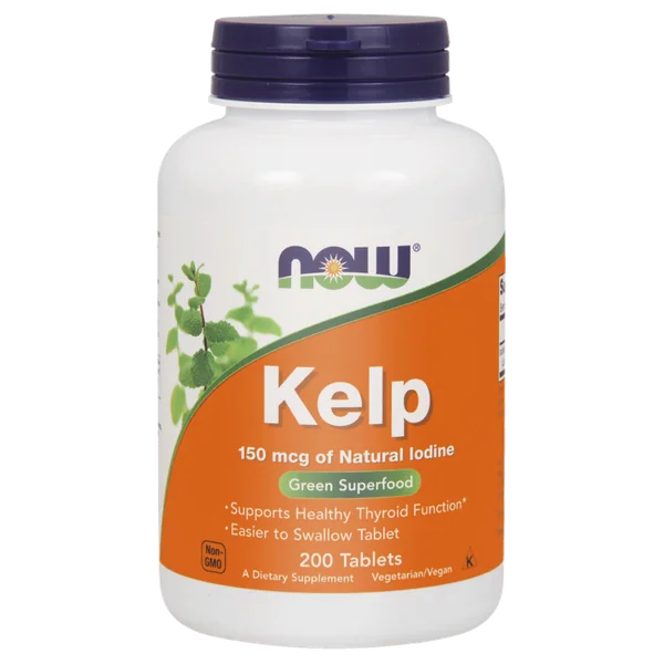 Flasche von Now Foods Kelp, einem Nahrungsergänzungsmittel mit Jod aus Meeresalgen zur Unterstützung der Schilddrüse