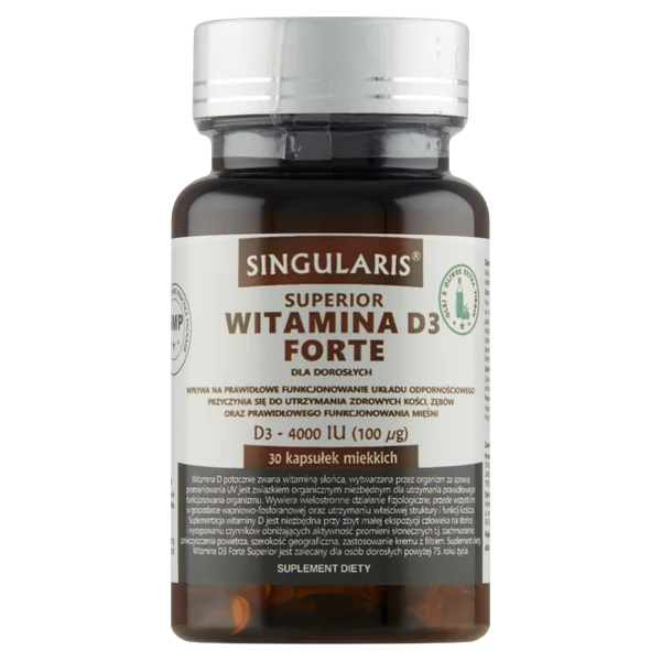 Flasche mit Singularis Superior Vitamin D3 Forte 4000 IU, hochdosiertes Nahrungsergänzungsmittel in leicht einzunehmenden Kapseln