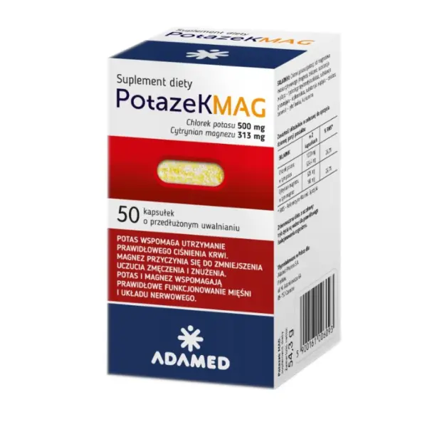 Verpackung des POTAZEK MAG Nahrungsergänzungsmittels 50 Kapseln. Unterstützt Blutdruck, Muskeln und das Nervensystem