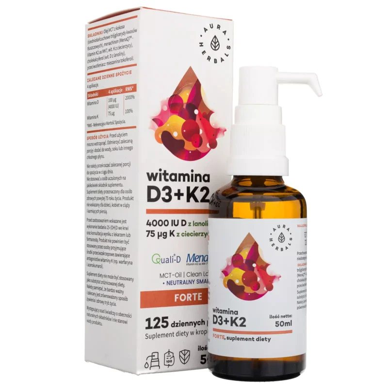 Aura Herbals Vitamin D3 4000 IU + K2mk7 - 50 ml: Hochwertiges Nahrungsergänzungsmittel zur Unterstützung des Immunsystems und der Knochengesundheit, 4000 IE pro Portion