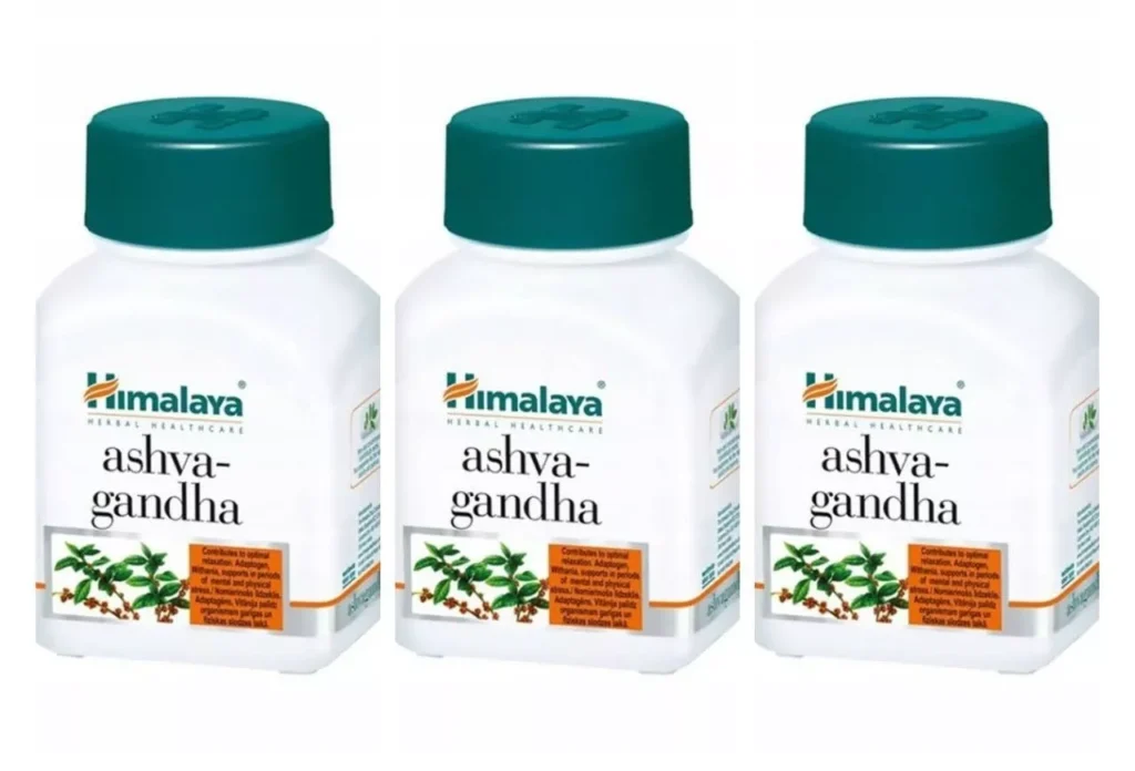 Verpackung des Himalaya Ashwagandha Nahrungsergänzungsmittels 3 x 60 Stück. Unterstützt Stressbewältigung und Wohlbefinden