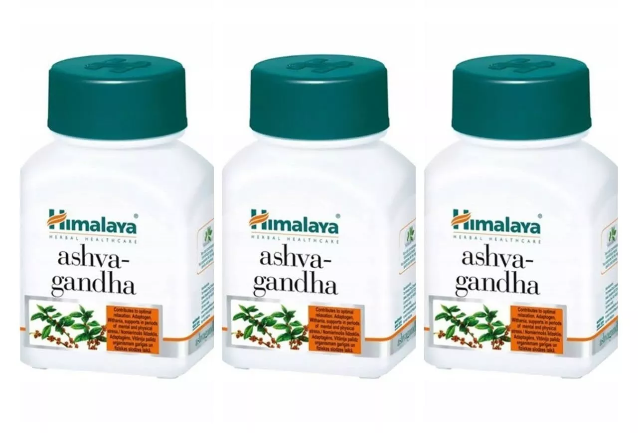 Verpackung des Himalaya Ashwagandha Nahrungsergänzungsmittels 3 x 60 Stück. Unterstützt Stressbewältigung und Wohlbefinden