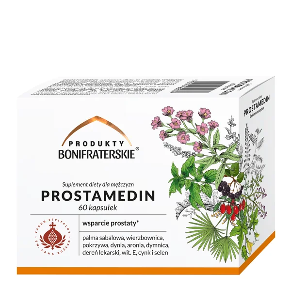 Prostamedin - Nahrungsergänzung für die Prostata-Gesundheit. Das Produkt enthält natürliche Extrakte wie Sägepalme, Brennnessel und Zink für Männer