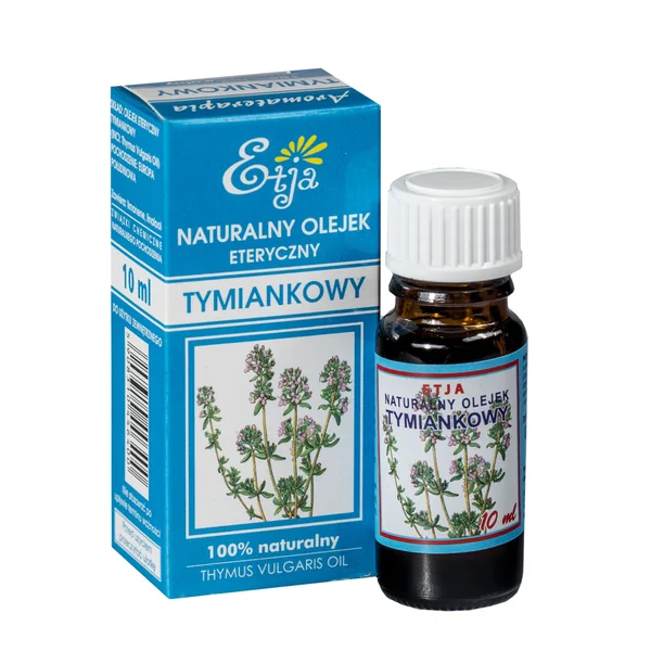 Flasche mit natürlichem ätherischem Thymianöl, bekannt für seine antiseptischen und schleimlösenden Eigenschaften, ideal für die Atemwegs- und Hautpflege