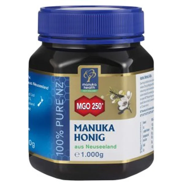 Manuka-Honig MGO 250+ aus Neuseeland in einem Glas, zeigt seine goldene Farbe und die natürliche Konsistenz des Honigs