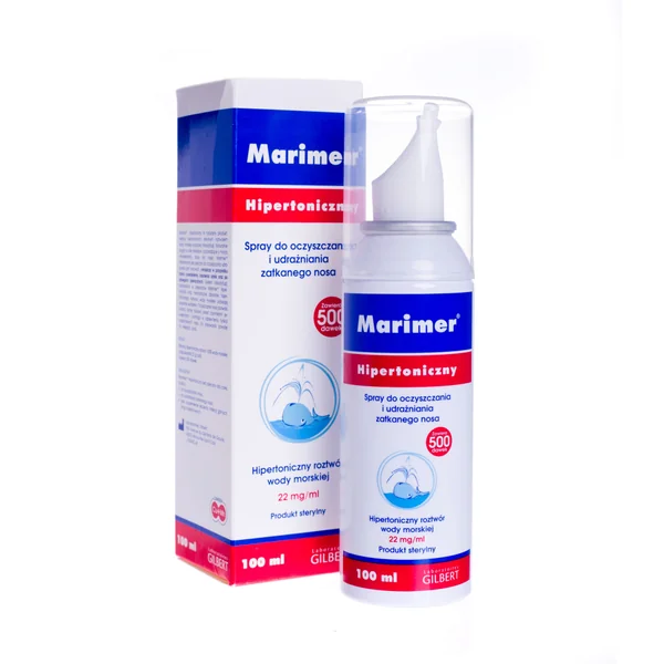 Marimer Hypertonisches Nasenspray in der Verpackung, ideal zur Reinigung der Nase und zur Linderung von Symptomen bei Erkältung und Nasennebenhöhlenentzündung