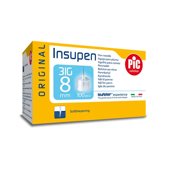 PIC Insupen Nadeln 31G 8mm, sterile Injektionsnadeln für Insulinpens, 100 Stück Packung, latexfrei, geeignet für schmerzfreies Injektieren