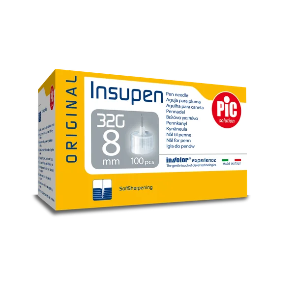 PIC Insupen 32 G Nadeln für Insulinpens, steril, latexfrei und silikonbeschichtet, ideal für schmerzfreie Injektionen, 100 Stück