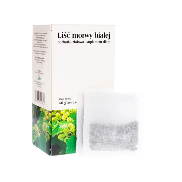 Teebeutel mit Weißmaulbeerblättern zur Zubereitung eines natürlichen Kräutertees, der hilft, die Zuckeraufnahme zu reduzieren