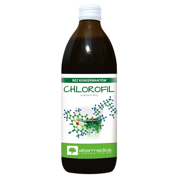 Flasche mit Chlorophyll Flüssigkeit, unterstützt die Entgiftung und das Immunsystem. 500 ml Produkt von Alter Medica.