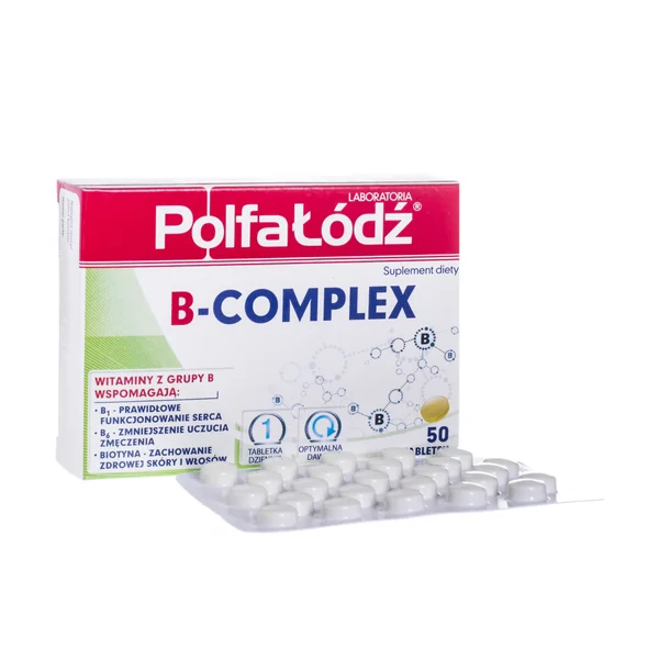 B-Komplex Polfa-Łódź Tabletten, 8 essentielle B-Vitamine, 100 % NRV, Nahrungsergänzung für Nerven und Energie, einfache tägliche Einnahme
