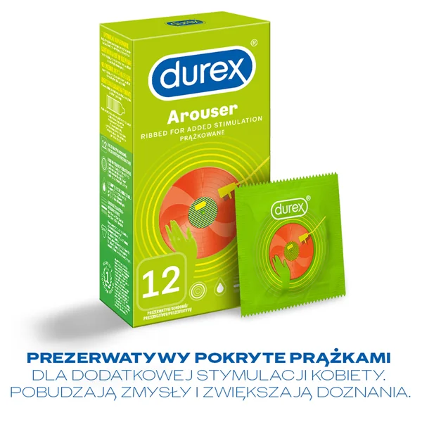Durex Arouser Kondome, gerippte Struktur aus Latex für intensivere Empfindungen und sicheren Schutz. Nominale Breite: 56 mm.