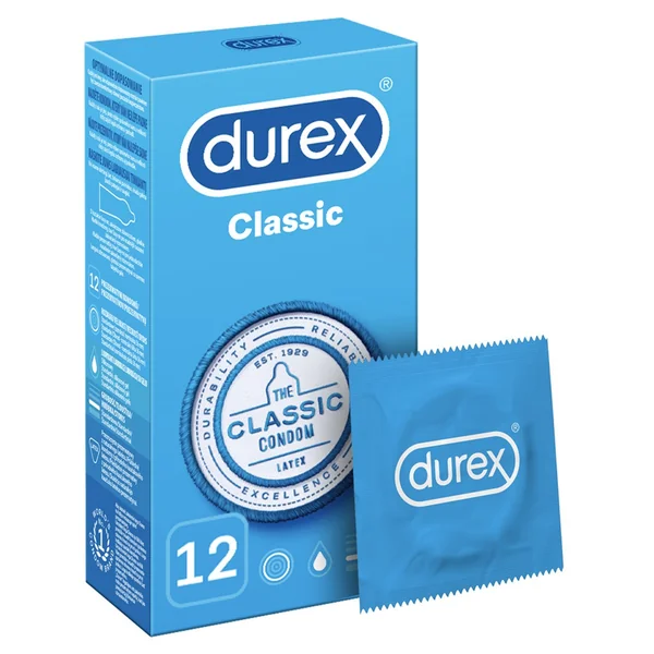 Durex Classic Kondome, 12 Stück, aus Latex, mit silikonbasiertem Gleitmittel, für sicheren und komfortablen Geschlechtsverkeh