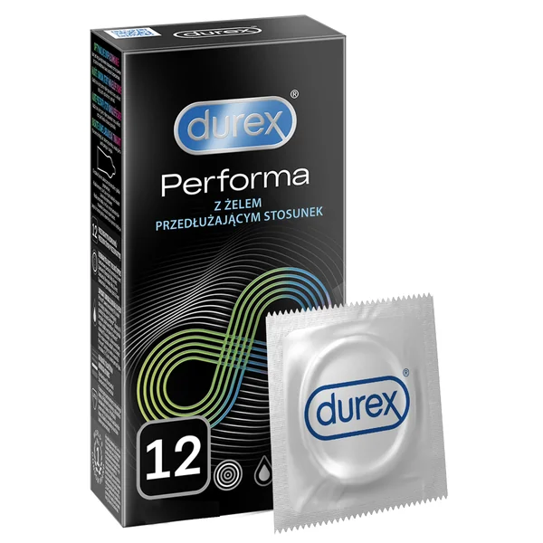 Durex Performa Kondome 12 Stück mit Benzocain für längeren Sex, Schutz vor Schwangerschaft und sexuell übertragbaren Krankheiten.