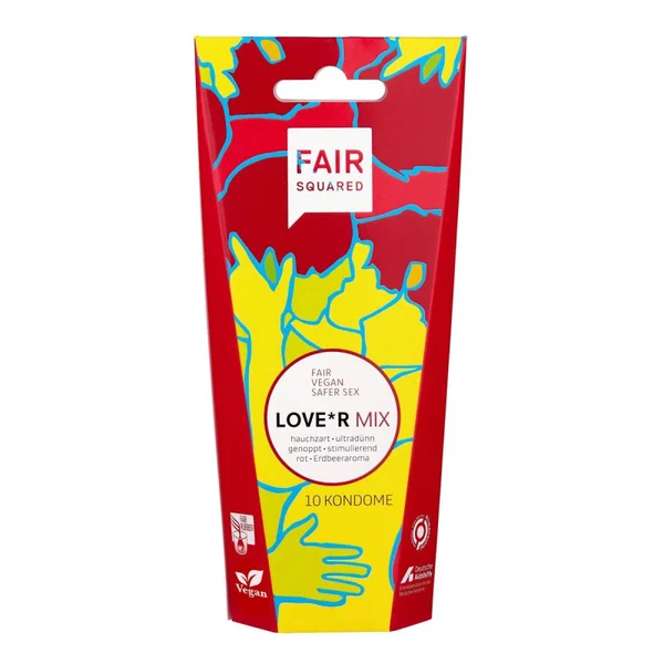 FAIR SQUARED LOVE*R MIX Kondome, 10 Stück, vegane, Fair Trade Kondome in verschiedenen Varianten für abwechslungsreiche Erlebnisse