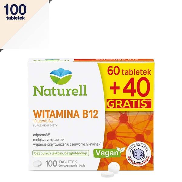 Naturell Vitamin B12 – 100 Kautabletten mit 100 µg Methylcobalamin, vegan, glutenfrei, laktosefrei, für Energie, Immunsystem und weniger Müdigkeit
