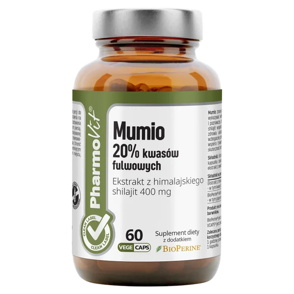 Pharmovit Mumio 20% Fulvosäuren Nahrungsergänzungsmittel in Kapseln, unterstützt das Immunsystem, kognitive Funktionen und Gelenkgesundheit