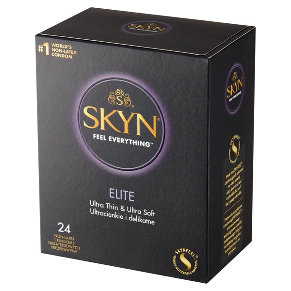 Skyn Elite Kondome, nicht-latex, ultradünn und komfortabel, für Menschen mit Latexallergie, 24 Stück, Verpackung und Produktansicht