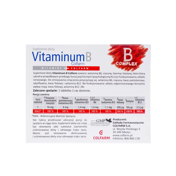 Vitaminum B Colfarm, Nahrungsergänzungsmittel, 50 + 10 Tabletten1 Vitaminum B Colfarm – 50 + 10 Tabletten, Nahrungsergänzung zur Unterstützung von Energie und Stoffwechsel