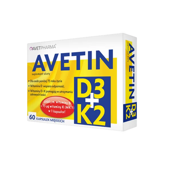 AVETIN D3 + K2 Weichkapseln für die Gesundheit der Knochen und das Immunsystem, enthält 2000 I.U. Vitamin D3 und 75 μg Vitamin K2, 60 Kapseln