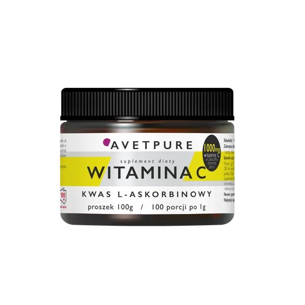AVETPURE Vitamin C Pulver, 100 g – Produktbeschreibung mit Fokus auf seine Rolle bei der Stärkung des Immunsystems und der Unterstützung des Energiestoffwechsels.