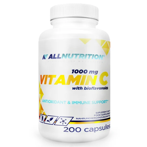 Allnutrition Vitamin C 1000 mg Kapseln in der Verpackung, die die Immunstärkung und antioxidativen Eigenschaften des Produkts hervorheben