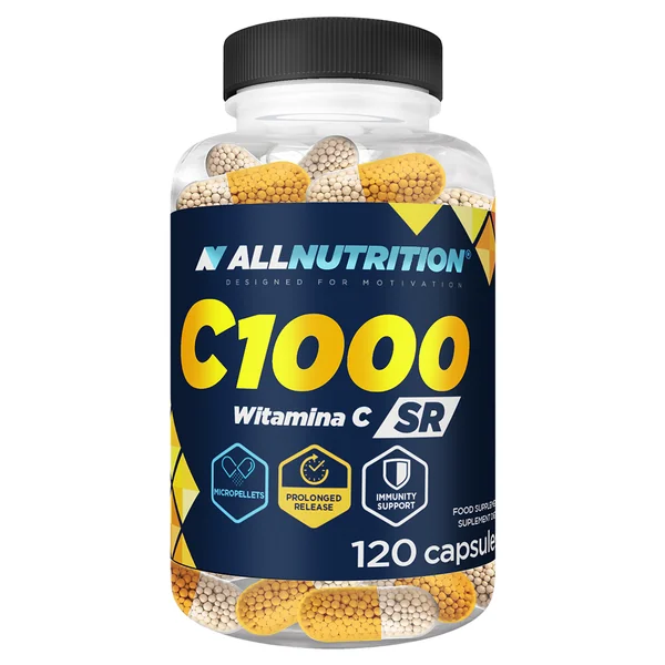 Allnutrition C1000 SR Vitamin C Kapseln in der Verpackung, unterstützt das Immunsystem und enthält 1000 mg Vitamin C pro Kapsel.