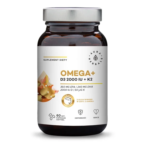Softgel-Kapseln Aura Herbals Omega+ Vitamin D3 2000 IE + K2 mit Omega-3-Fettsäuren aus Fischöl, Vitamin D und Vitamin K für Gesundheit und Wohlbefinden