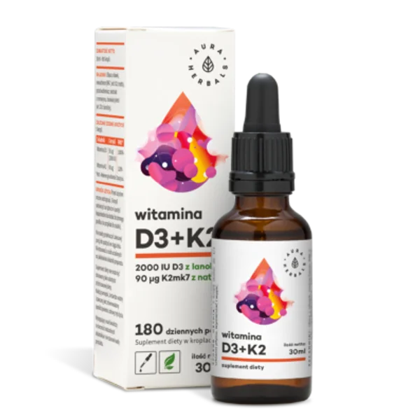 Flasche mit Aura Herbals Vitamin D3, K2 MK7 und Omega-3 Tropfen – unterstützt das Immunsystem, gesunde Knochen und die normale Funktion von Muskeln und Zähnen