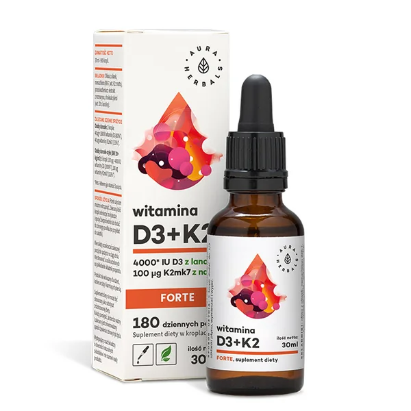 Aura Herbals Vitamin D3 4000 IU + K2 MK7 100 mcg in Olivenöl - Tropfen für gesunde Knochen und das Immunsystem. Natürliche Vitamine in praktischer Form
